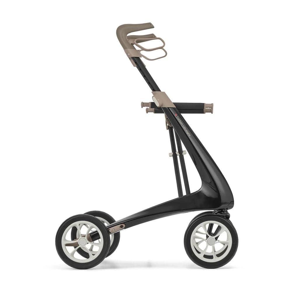 Black golf trolley with silver accents on a white background