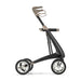 Black golf trolley with silver accents on a white background