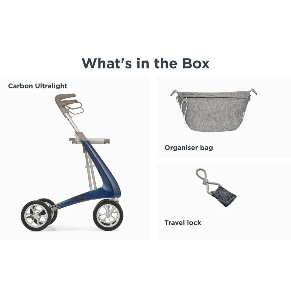 Carbon ultralight scooter with organizer bag and travel lock on a white background