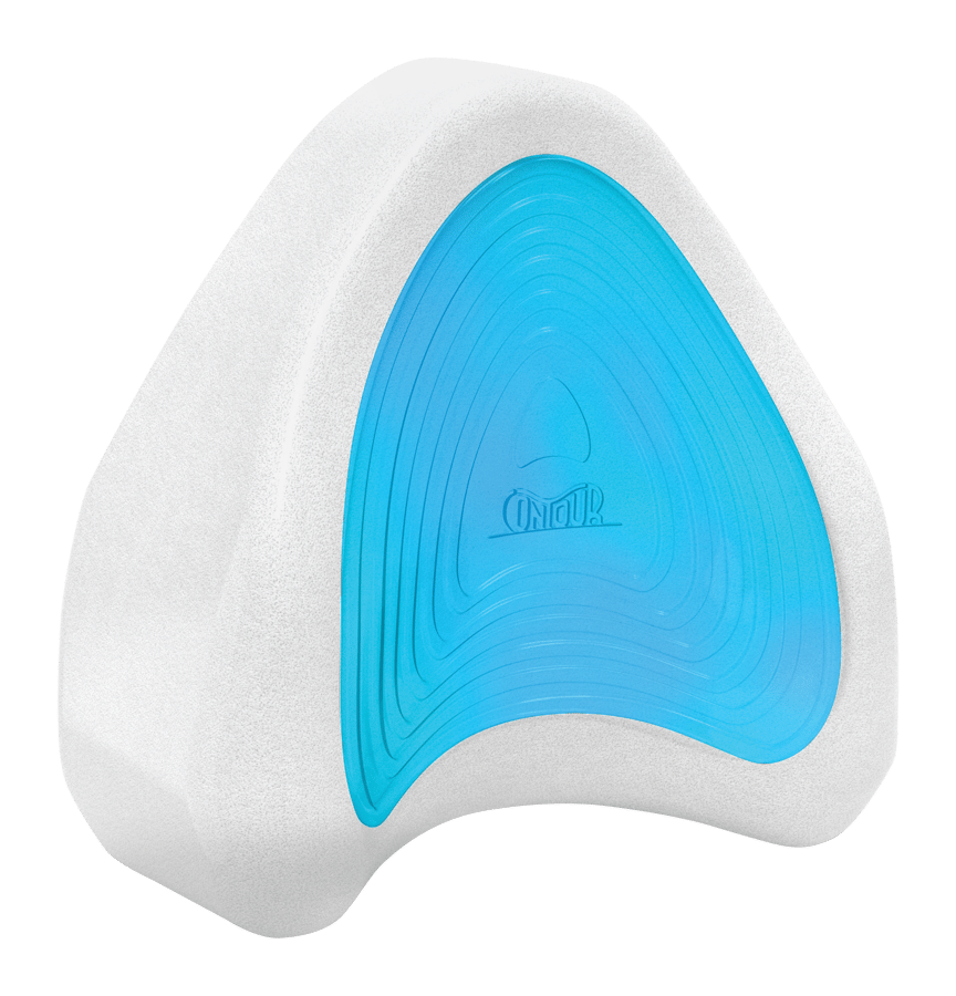 Product rendering of the Contour Health Legacy KoolGel Leg Pillow, showing the bright blue gel layer set into contoured white foam.