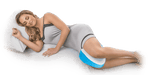 Side sleeper using the Contour Health Legacy KoolGel Leg Pillow between her thighs and knees, with the blue cooling gel layer visible.