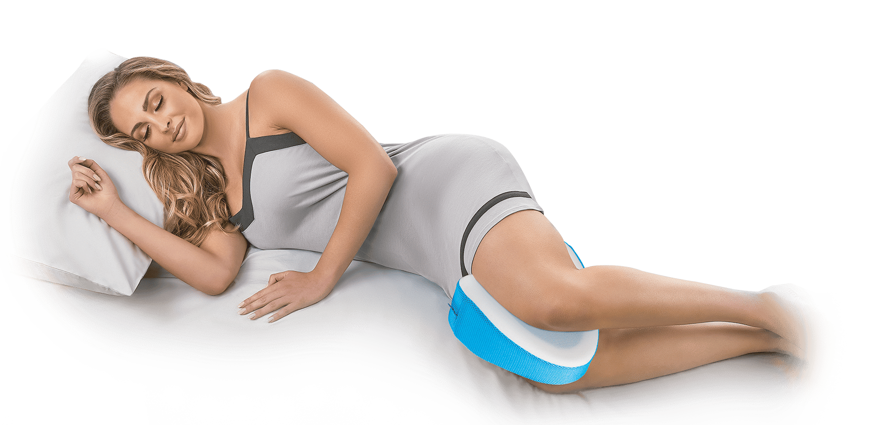 Side sleeper using the Contour Health Legacy KoolGel Leg Pillow between her thighs and knees, with the blue cooling gel layer visible.