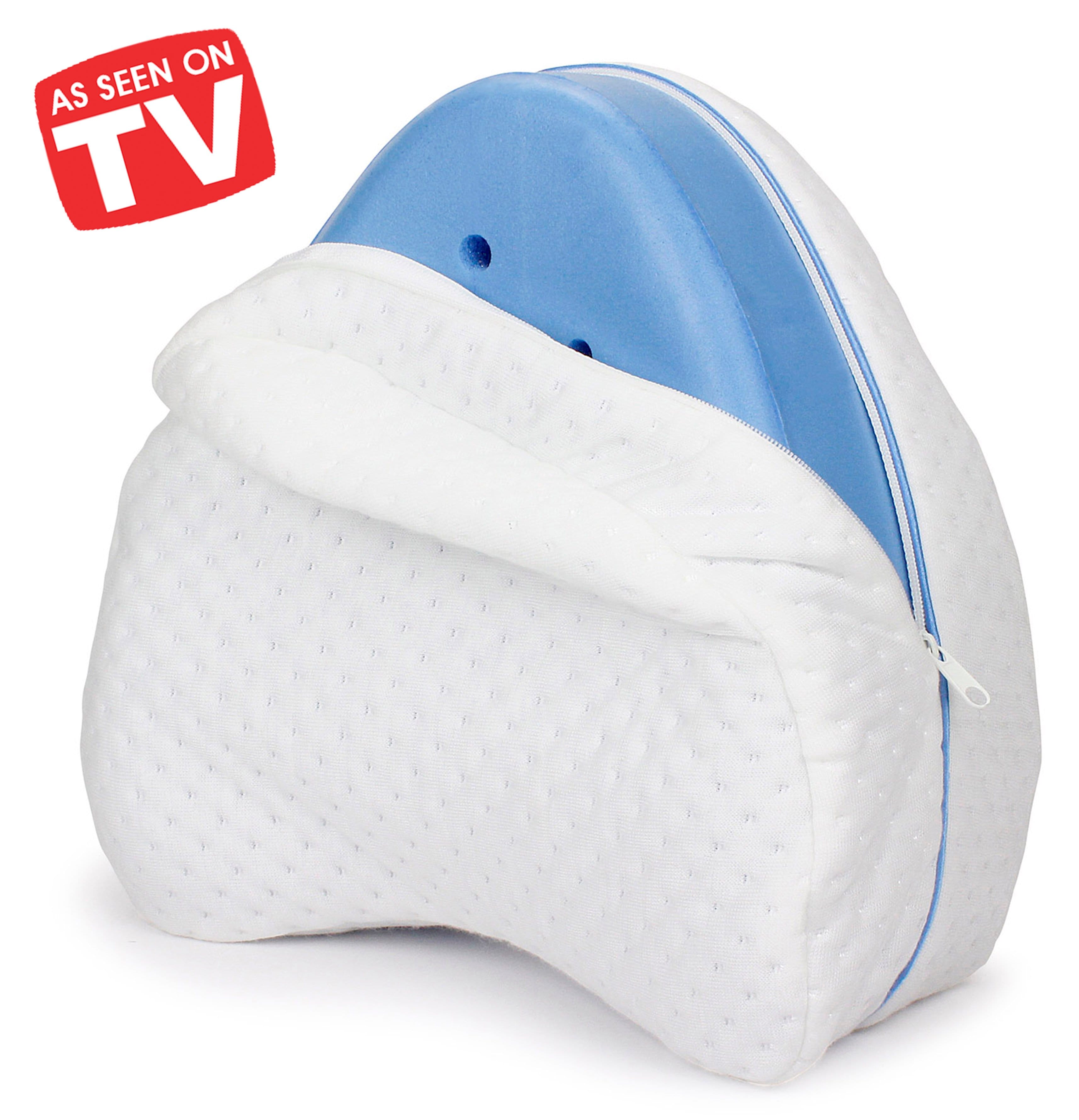 Contour Health Legacy Leg Pillow with its quilted white cover partially unzipped to show the blue contoured foam interior.