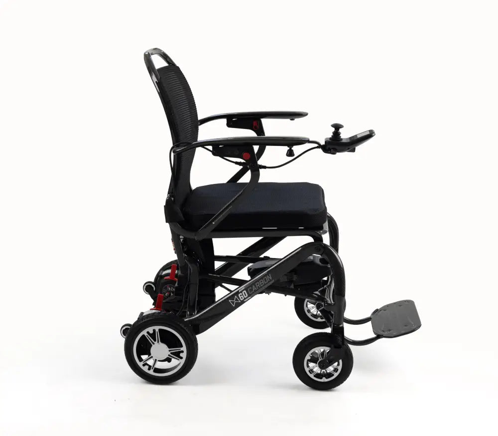 A black electric motorized wheelchair shown from a side profile view against a plain white background.