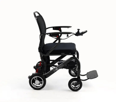 A black electric motorized wheelchair shown from a side profile view against a plain white background.