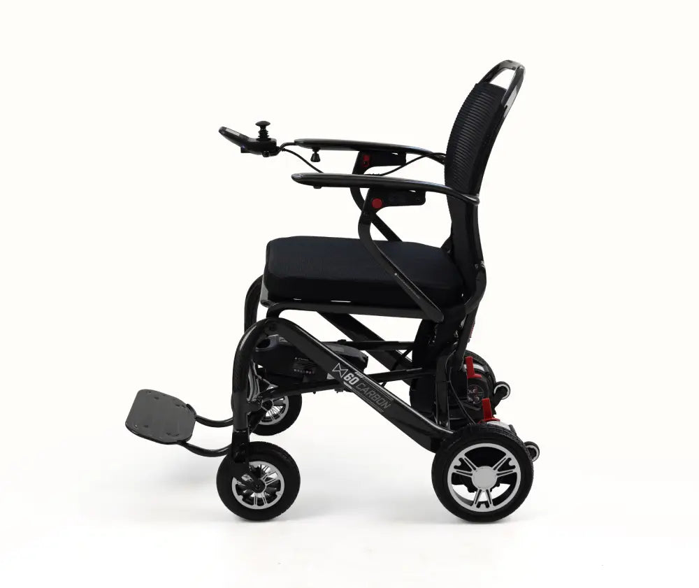 A black electric motorized wheelchair shown from a side profile view against a clean white background.