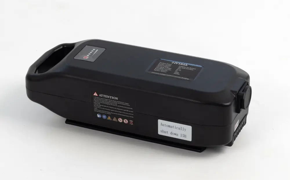 A black battery pack with a carrying handle, shown from a three-quarters angle on a white background.