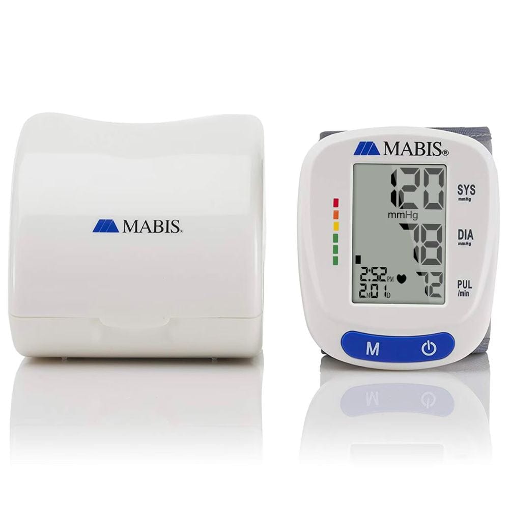 Mabis blood pressure monitor with digital display on a white background