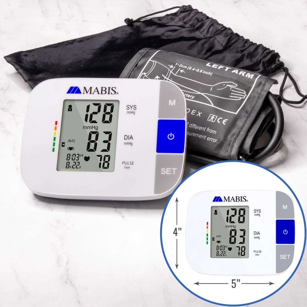 Mabis blood pressure monitor with digital display on a white background
