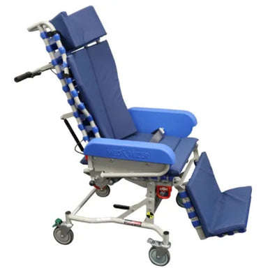 Blue and gray medical lift chair on a white background