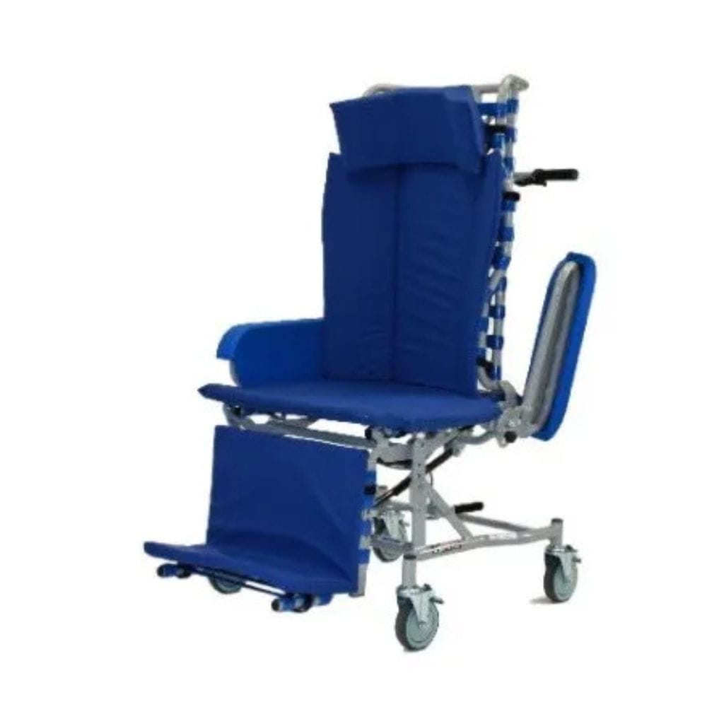 Blue wheelchair with reclined position on a white background