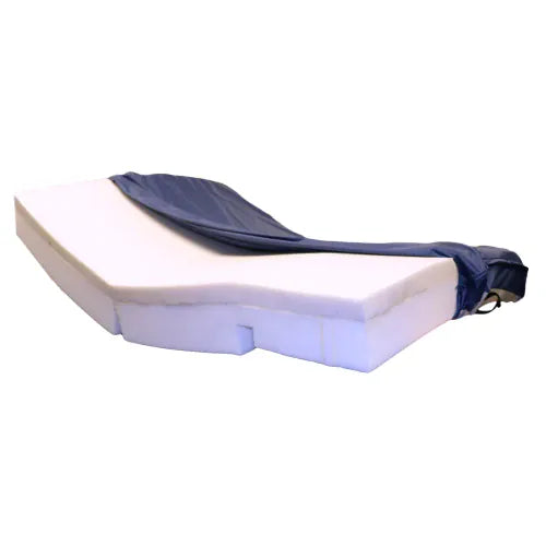 White foam seat cushion with a blue cover on a white background