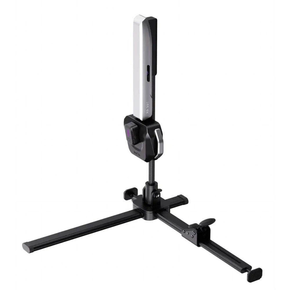 Black microphone stand on a white background