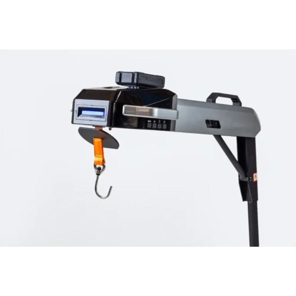 Digital weight scale with a hook on a white background