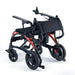 Foldable electric wheelchair with black and red design on a white background