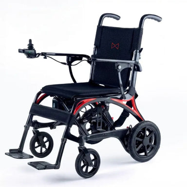 Black and red electric wheelchair on a white background