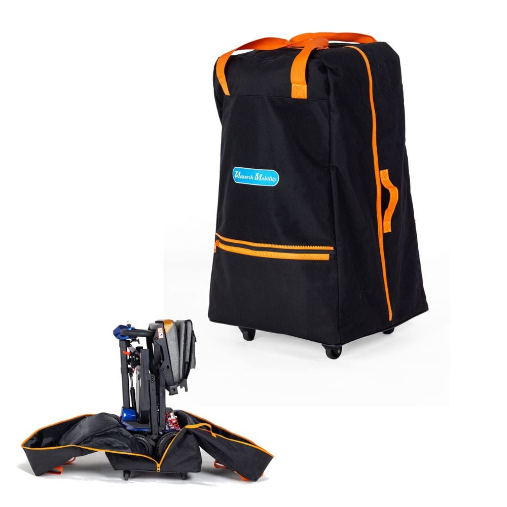 Black and orange travel bag with a portable scooter on a white background