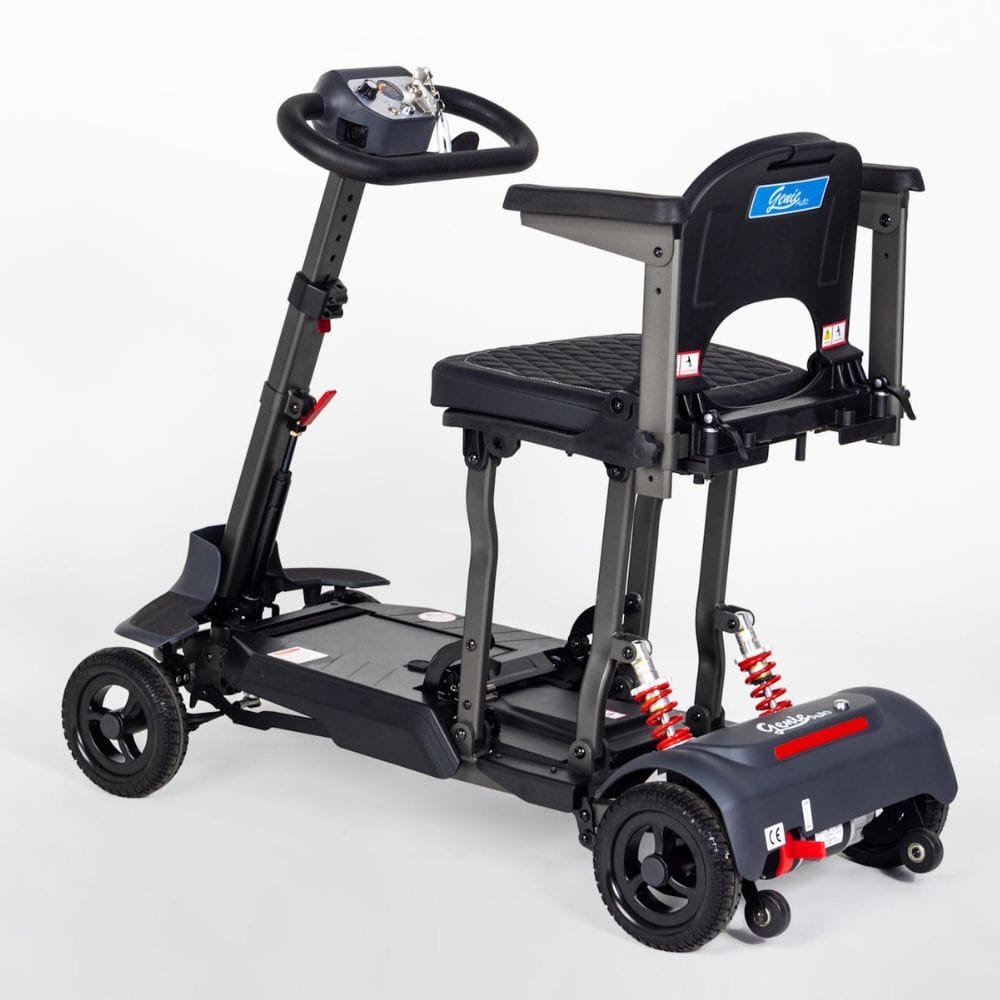 Black and gray mobility scooter with a seat on a white background