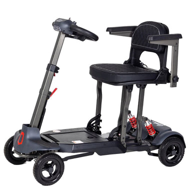 Black scooter with a seat and folded legs on a white background