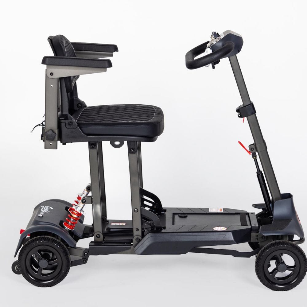 Black mobility scooter with a seat on a white background