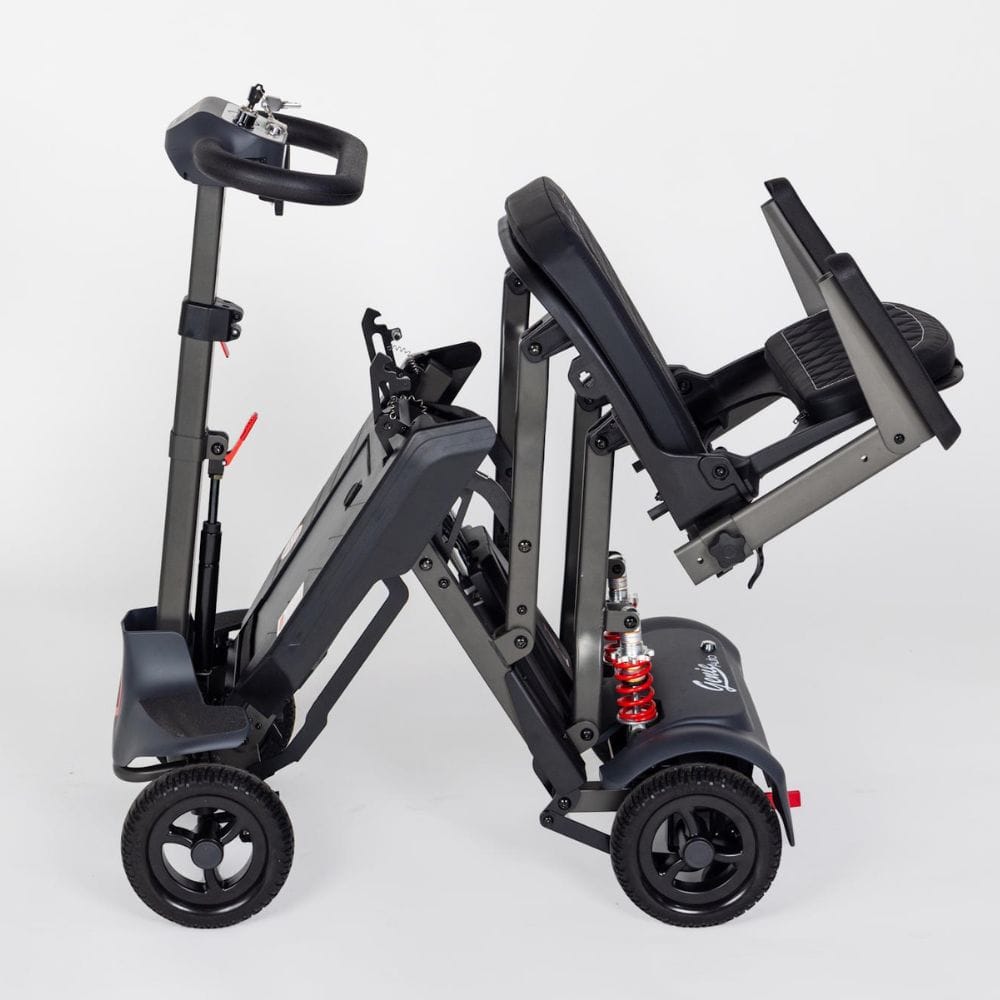 Black and gray scooter with folded design on a white background