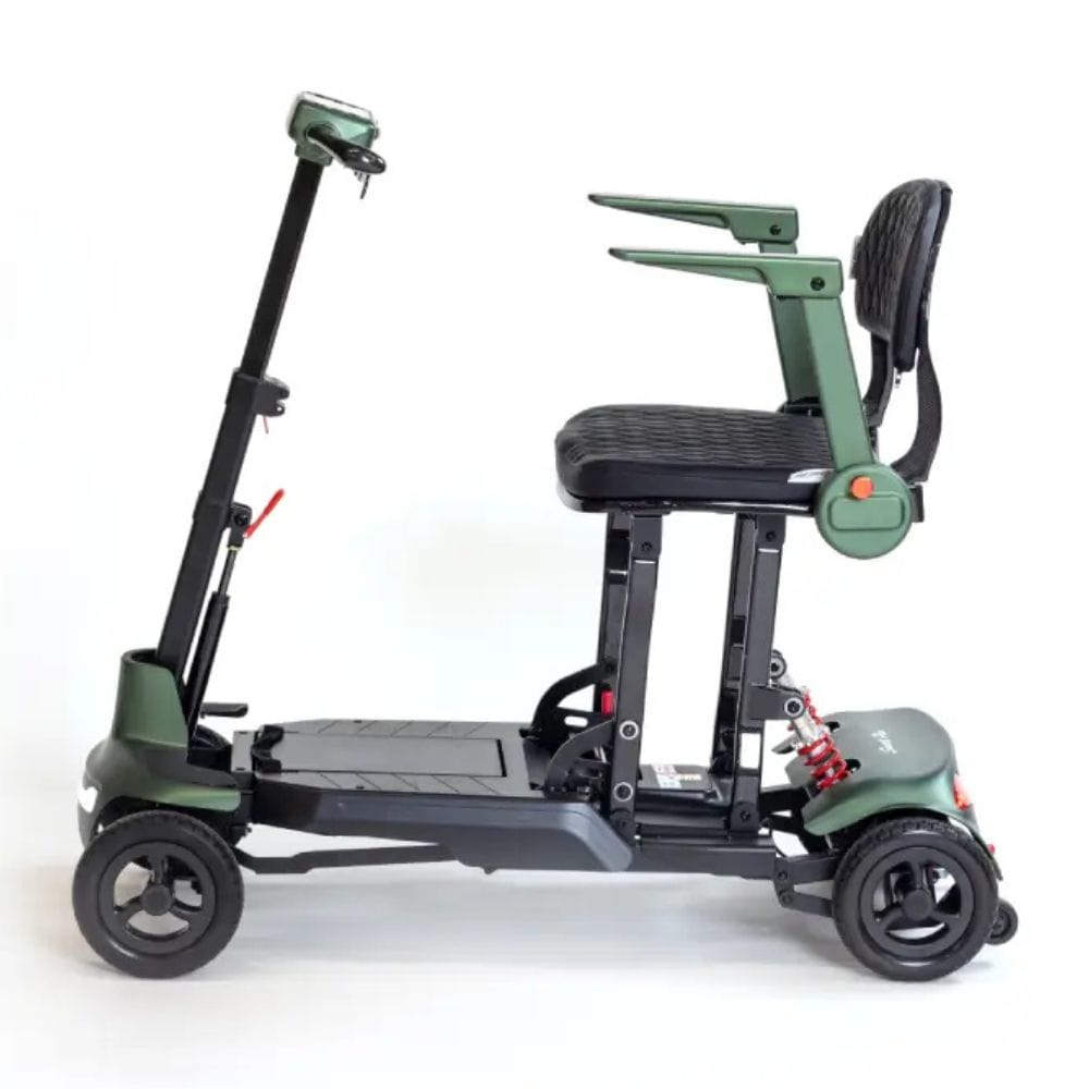 Green and black mobility scooter with a seat on a white background