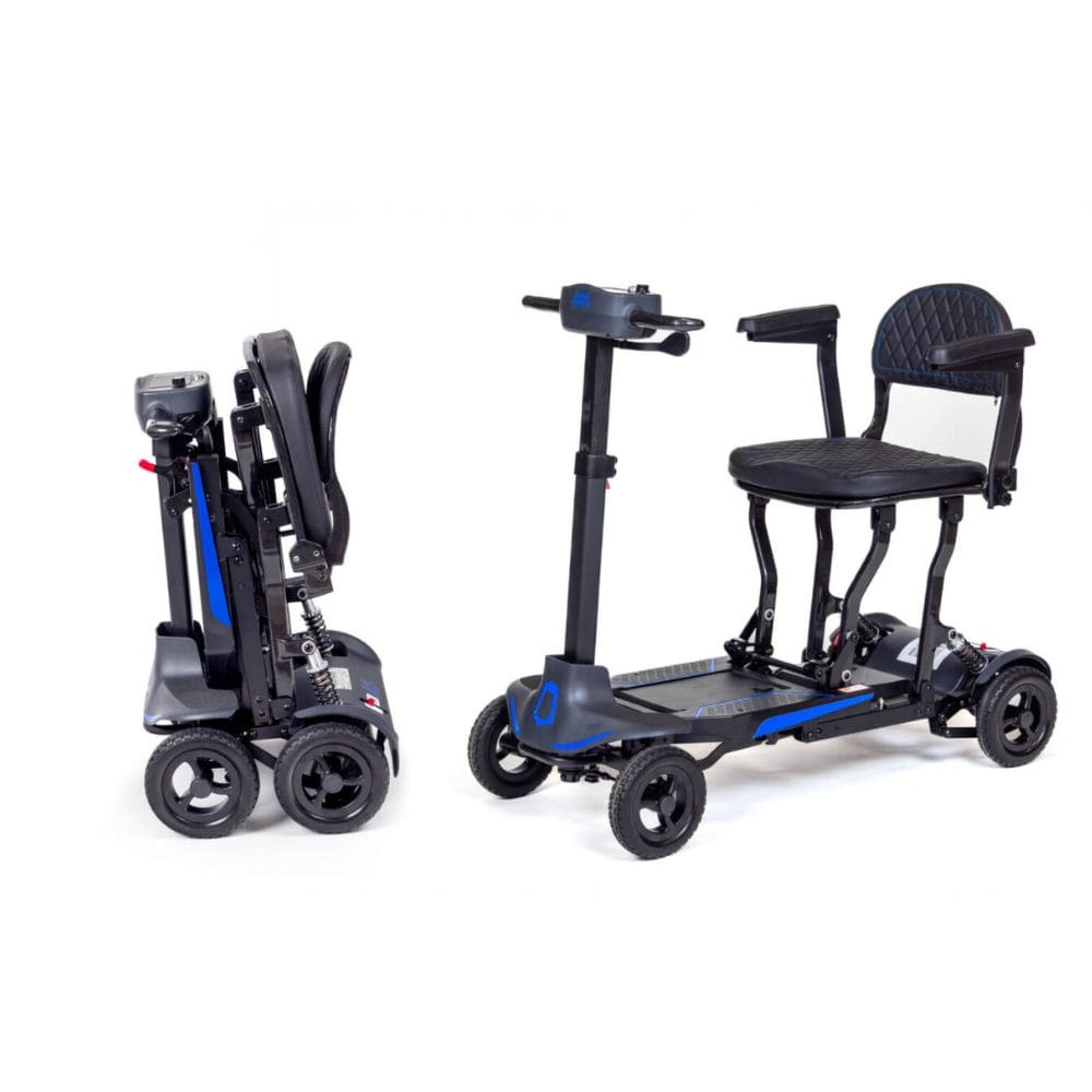 Two mobility scooters with chairs on a white background