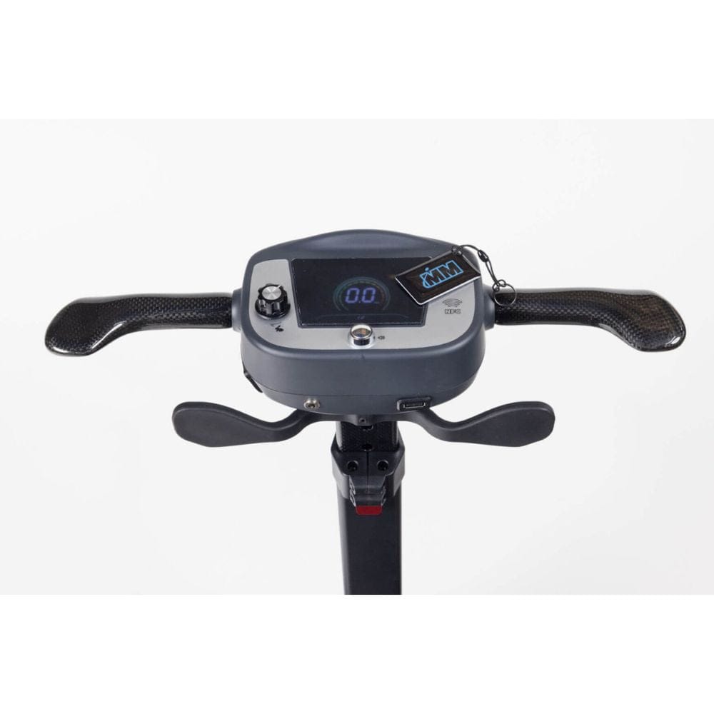 Close-up of a scooter handlebar with control panel on a white background