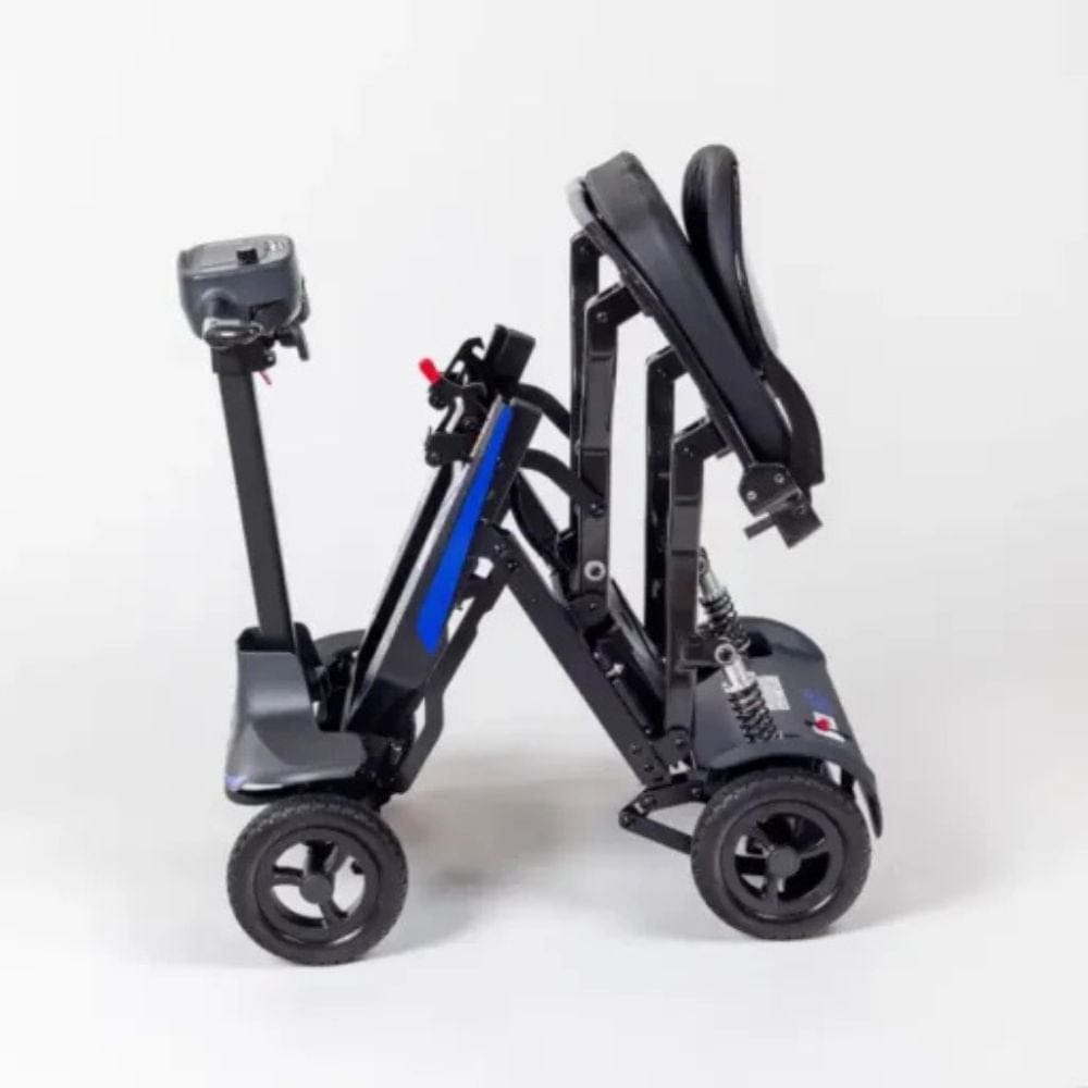 Black and gray mobility scooter with a blue stripe on a white background