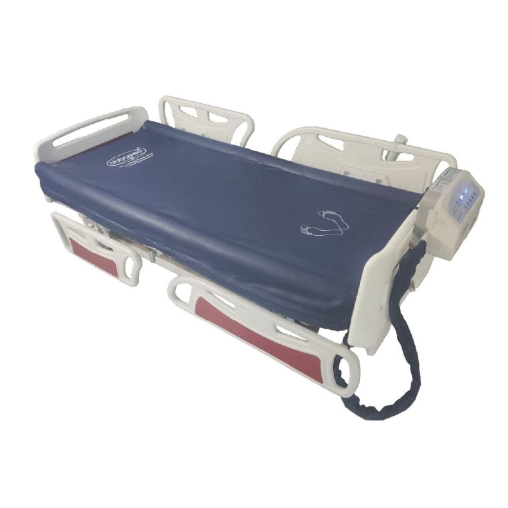 Medical stretcher with blue mat on a white background