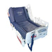 Hospital bed with blue mattress and Obcamed branding on a white background