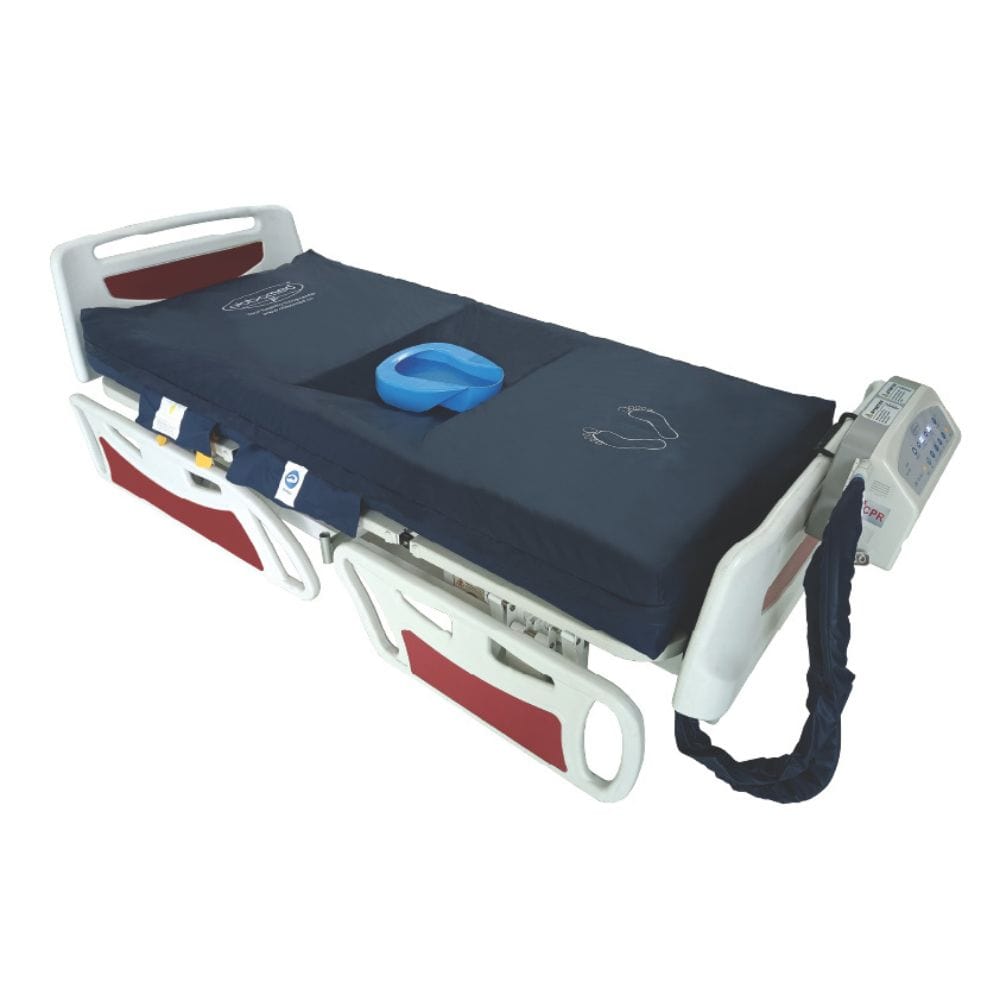 Medical stretcher with blue pad and red accents on a white background