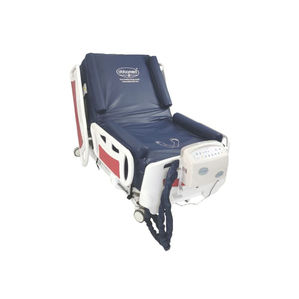 Medical patient chair with blue cover on a white background