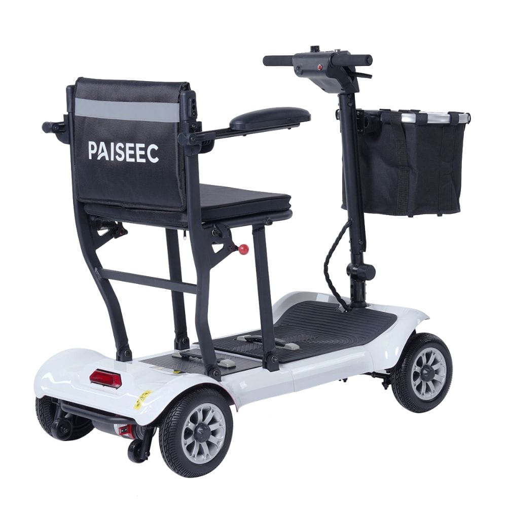 Mobility scooter with a seat and PAISEEC branding on a white background