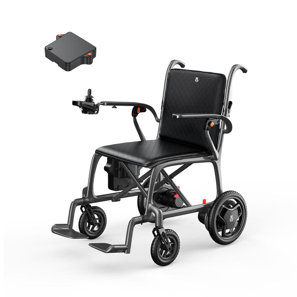 Black electric wheelchair with control box on a white background