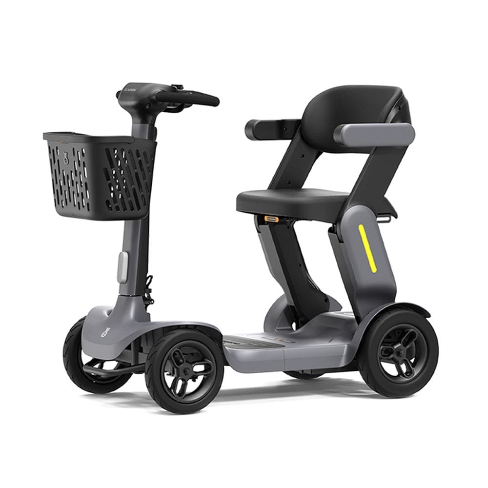 Gray mobility scooter with a basket on a white background