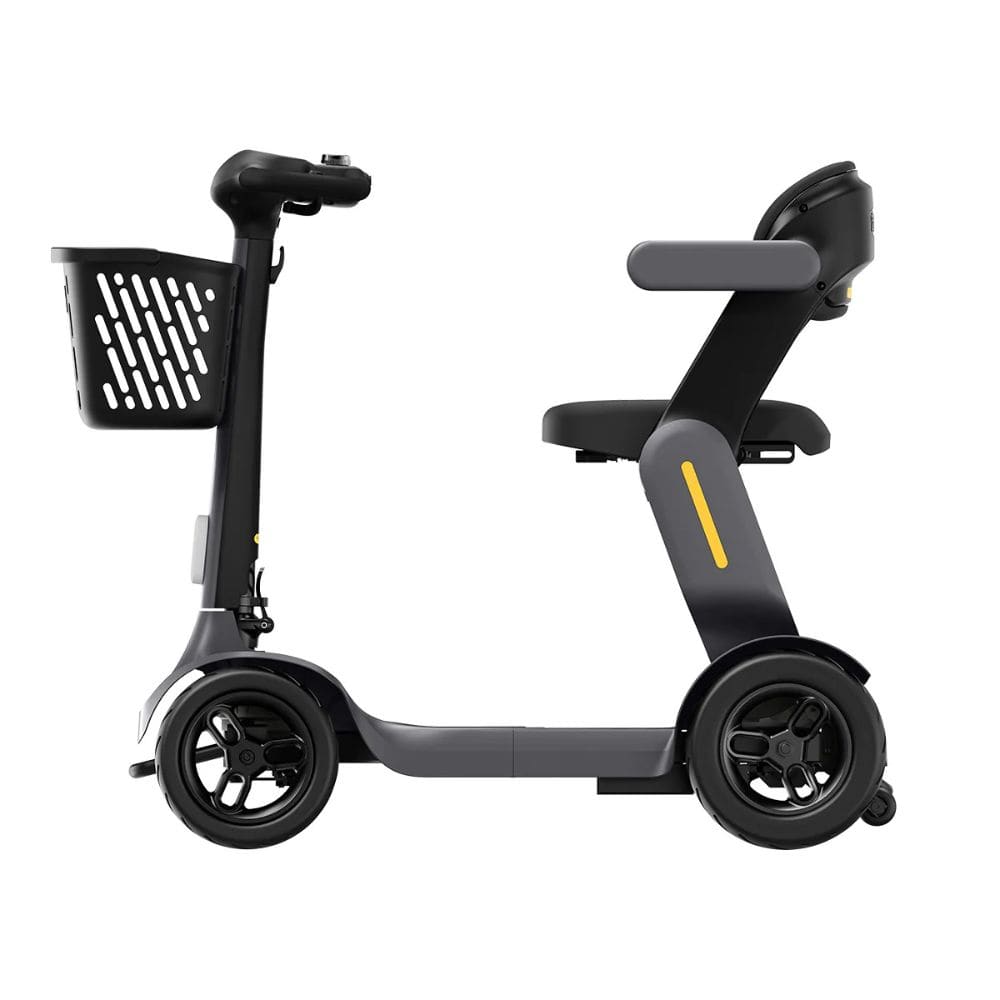 Black and gray scooter with a basket on a white background