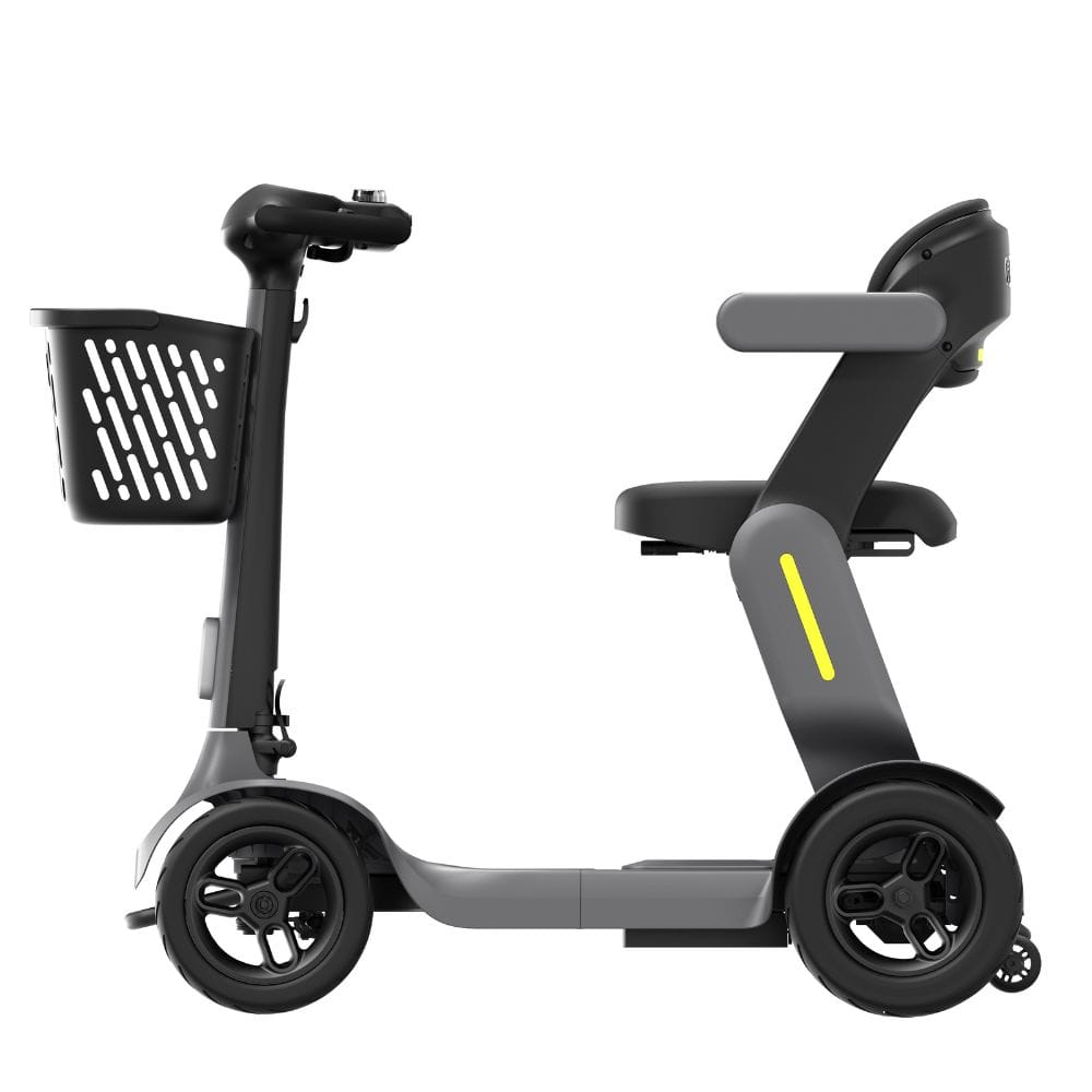 Gray and black three-wheeled mobility scooter with a basket on a white background
