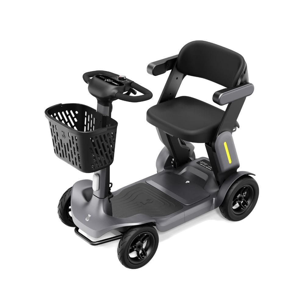 Gray mobility scooter with a basket on a white background