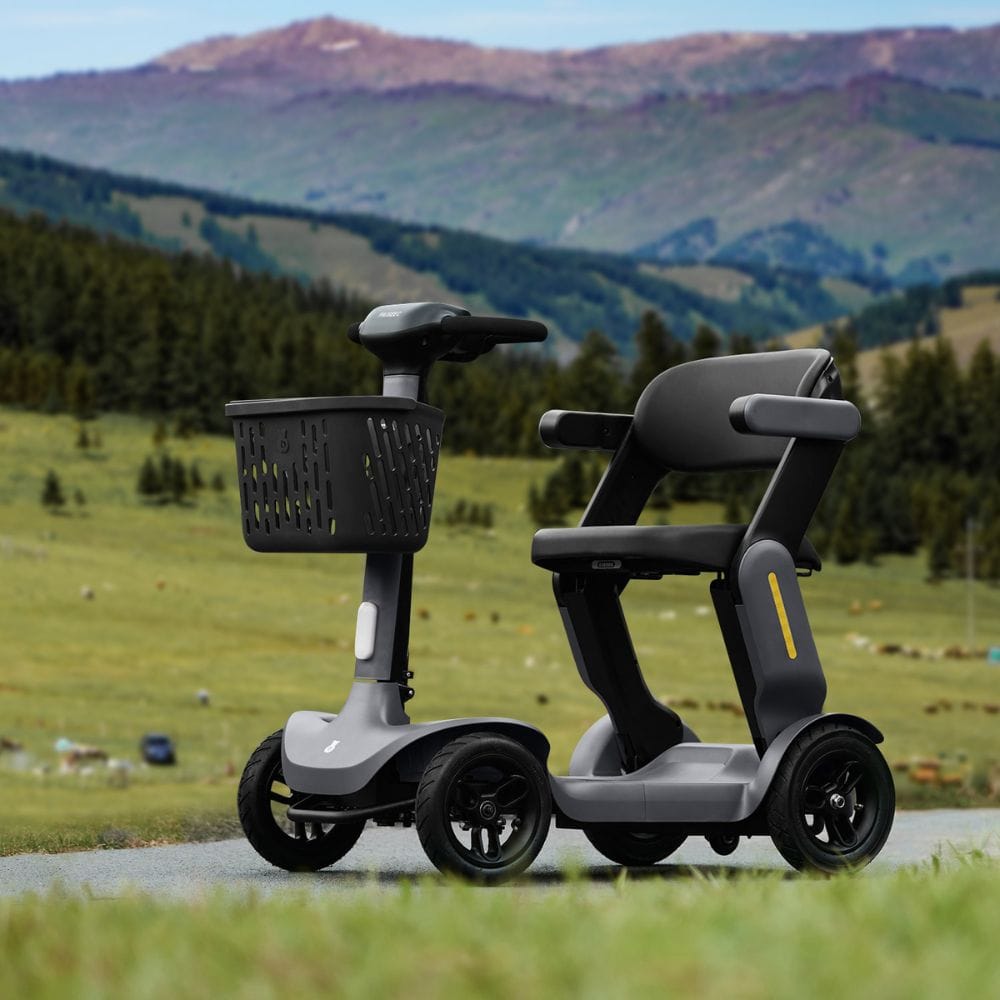 Two mobility scooters on a road with a scenic mountain background