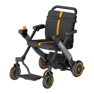 Black and orange mobility scooter on a white background