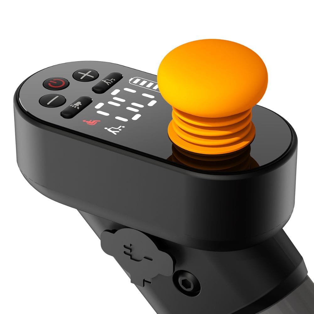 Black electronic device with an orange joystick on a white background