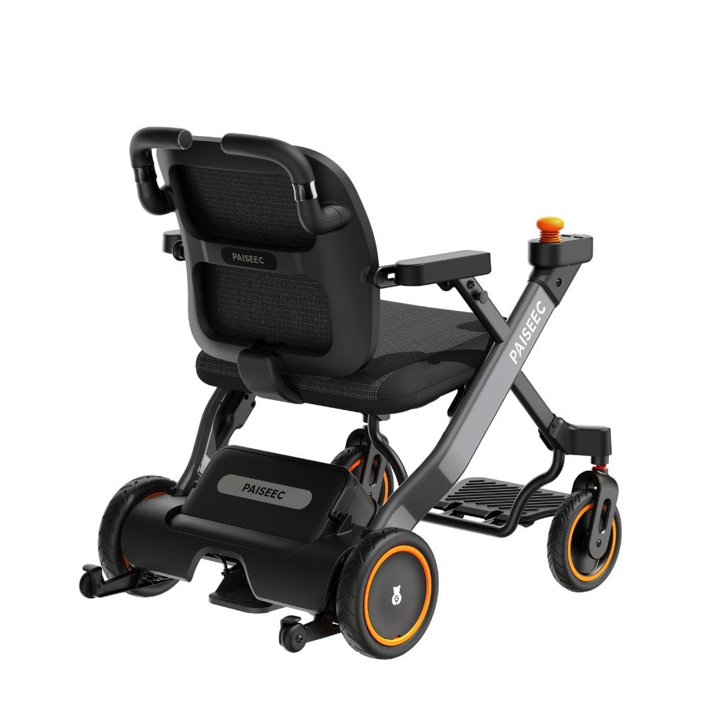 Black and gray mobility scooter with orange accents on a white background