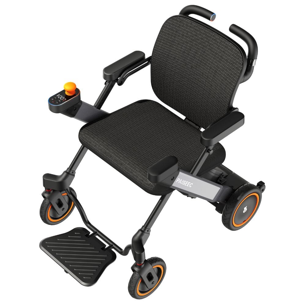 Black electric wheelchair with orange accents on a white background