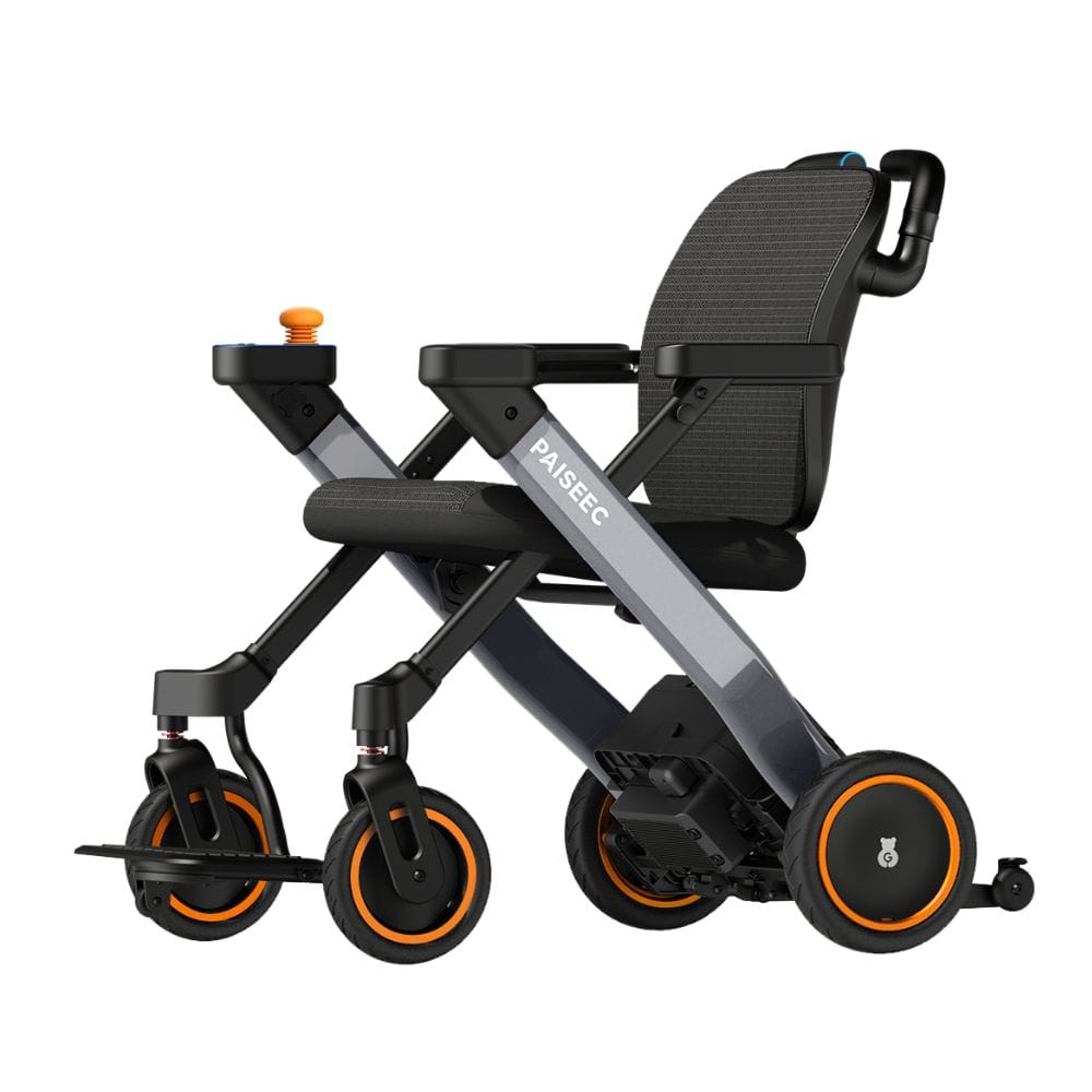 Black and gray stroller with orange accents on a white background