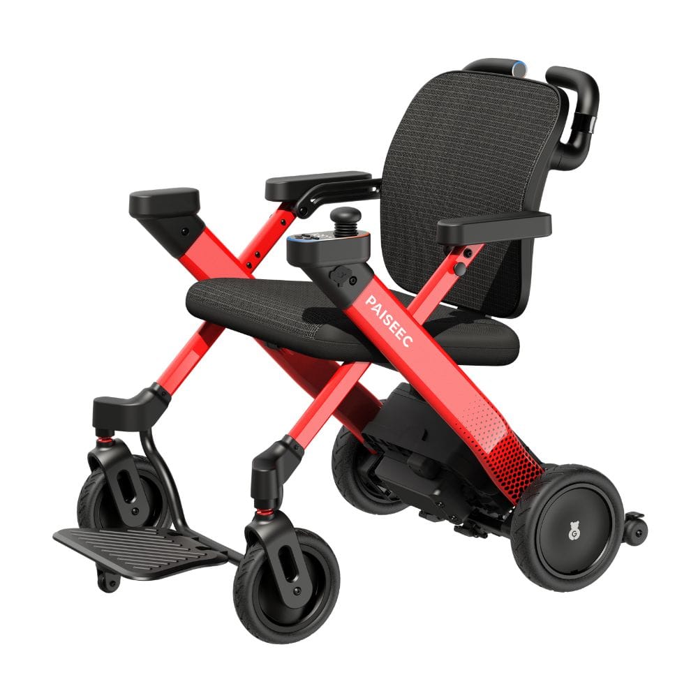 Red and black portable scooter chair on a white background