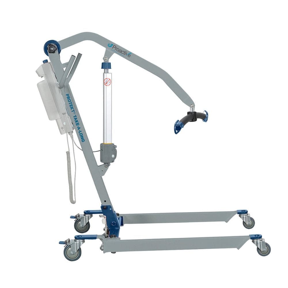 Medical equipment with a curved arm and wheels on a white background
