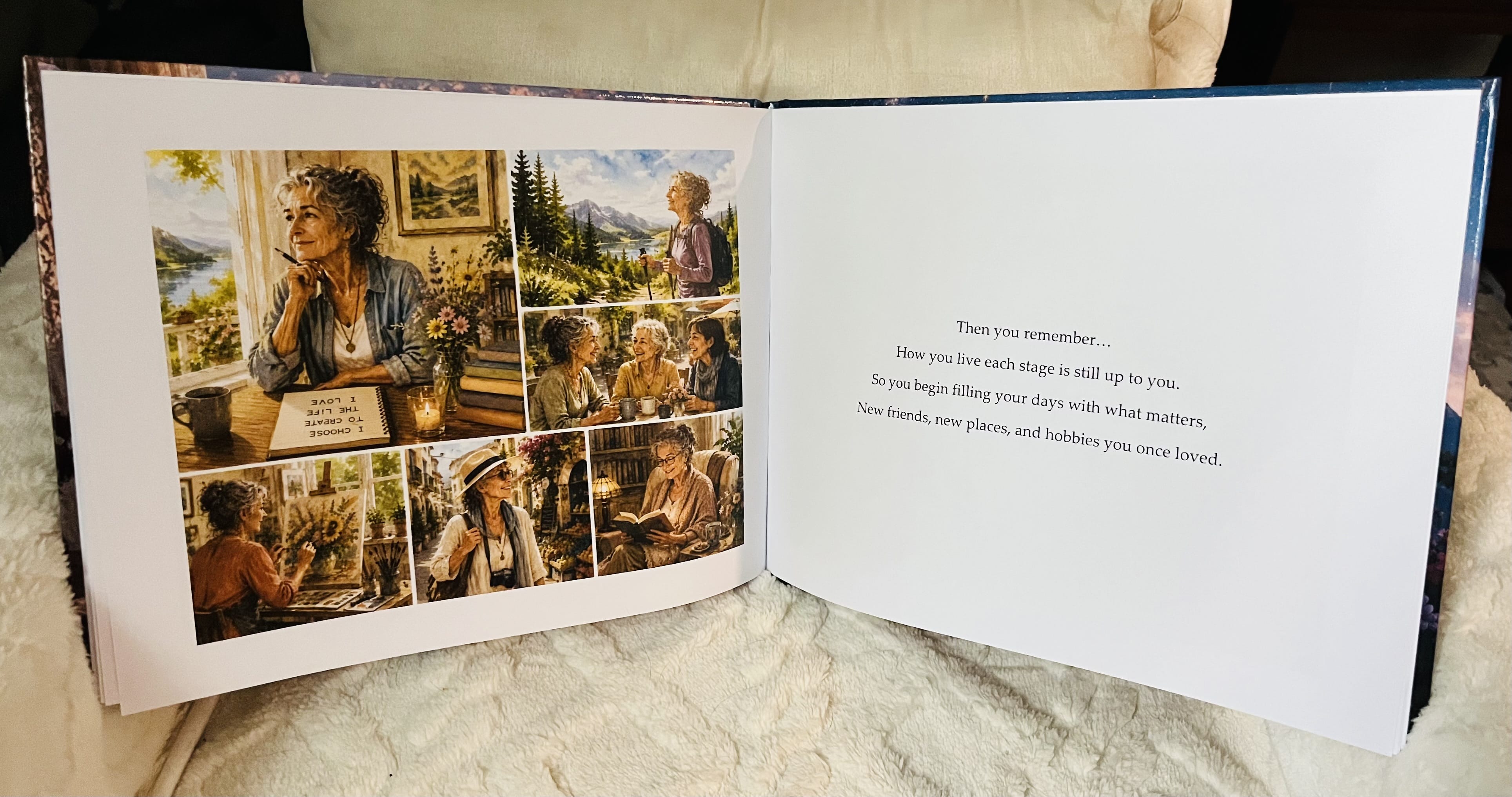 An interior spread from The Stages of a Life shows an older woman choosing to fill her days with what matters through new friendships, new places, meaningful interests, and hobbies she once loved.