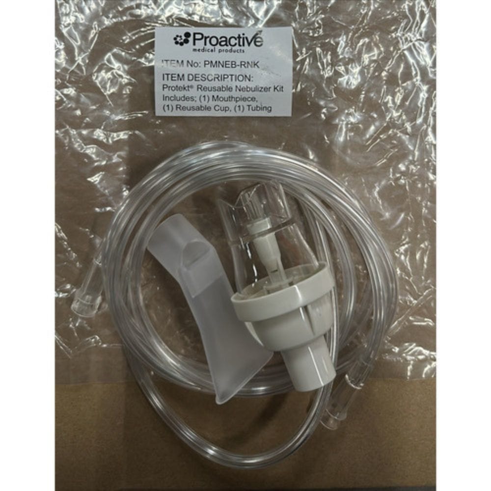 Proactive medical reusable nebulizer kit on a clear plastic bag with cardboard backing