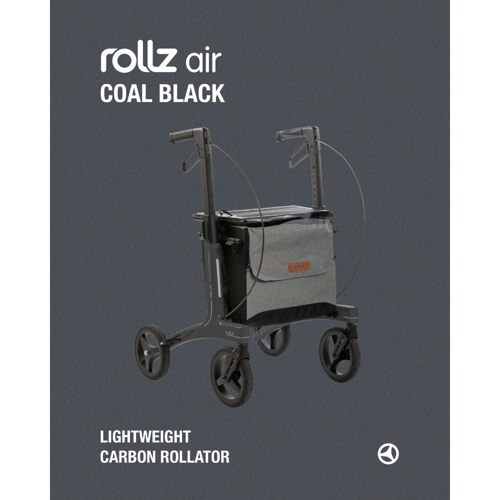 Lightweight carbon rollator with 'rollz air' branding on a dark gray background